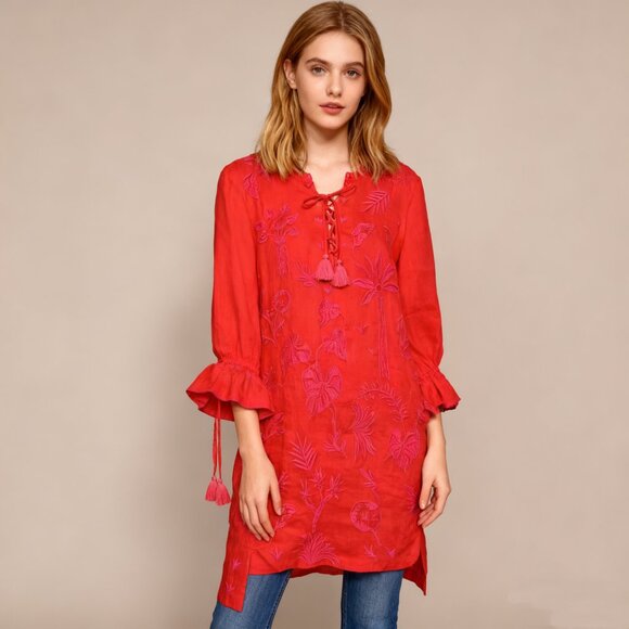 NWOT Johnny Was Ramie Embroidery Ruffles Red Luciana Tie Front Sleeve Dress M